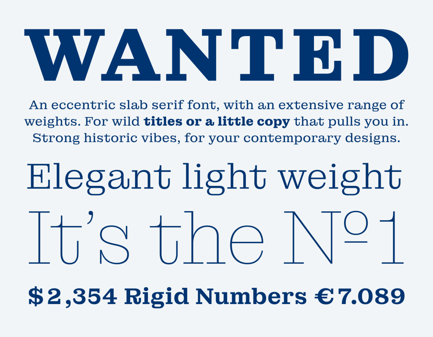 A sample of Montagu Slab in various sizes and weights. An eccentric slab serif font, with an extensive range of weights. For wild titles or a little copy that pulls you in. Strong historic vibes, for your contemporary designs. Elegant light weight and rigid numbers.