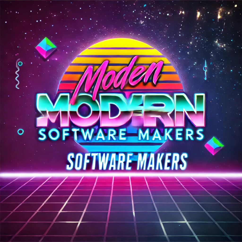 A podcast cover with a Miami Vice style text reading: “Moden Modern Software Makes Software Makers“