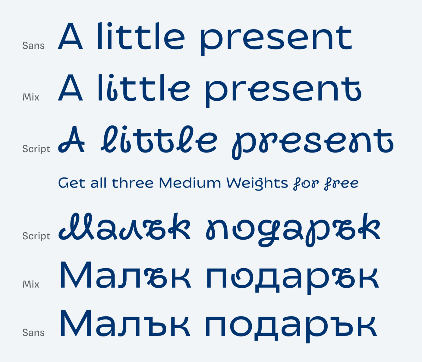 Showing Transforma Medium in Latin and Cyrillic script in its three styles: Sans, Mix and Script. Get all three Medium weights for free.