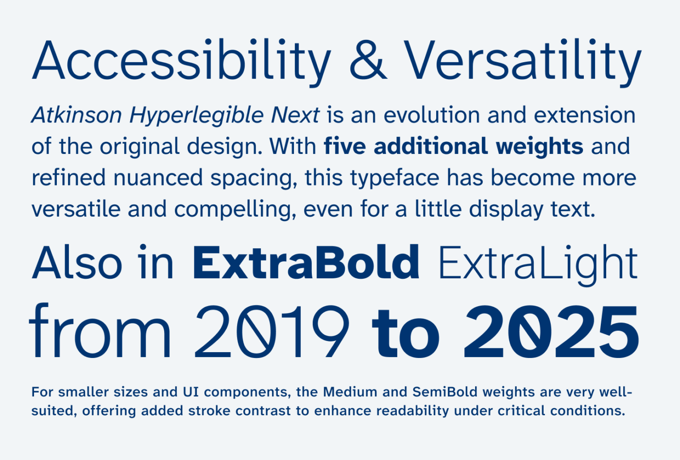 Accessibility & Versatility Atkinson Hyperlegible Next is an evolution and extension of the original design. With five additional weights and refined nuanced spacing, this typeface has become more versatile and compelling, even for a little display text. Also in ExtraBold ExtraLight from 2019 to 2025. For smaller sizes and UI components, the Medium and SemiBold weights are very well-suited, offering added stroke contrast to enhance readability under critical conditions.