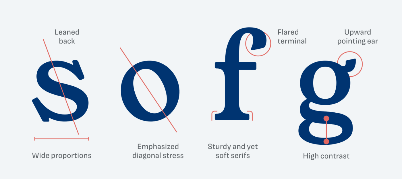 A detailed description of the Young Serif typeface, showcasing its unique characteristics through the letters 's,' 'o,' 'f,' and 'g.' The typeface features leaned-back letterforms, wide proportions, and emphasized diagonal stress. It combines sturdy yet soft serifs with high contrast and flared terminals. The 'g' includes an upward-pointing ear, adding to its distinctive design.