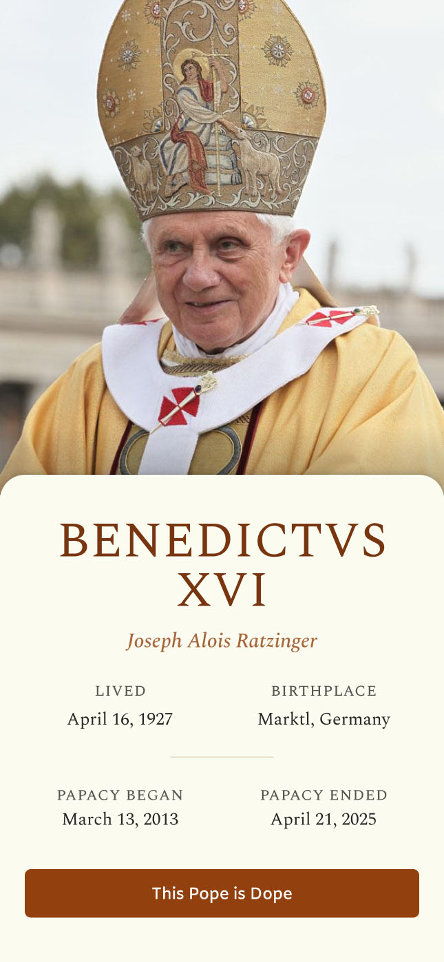 Stylized app mockup with Pope Benedict XVI in papal vestments on top and details below, including “BENEDICTVS XVI” and a button labeled “This Pope is Dope.”