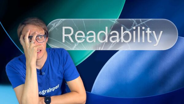 The word Readability in very low contrast in a glass like shape showing cracks, while Oliver is looking at it shocked.