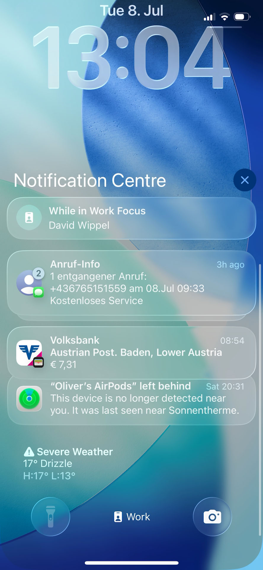 iOS 16-style Notification Centre with a translucent glass background, large white clock at the top, translucent rounded notification cards, and a soft blue-green wallpaper visible underneath.