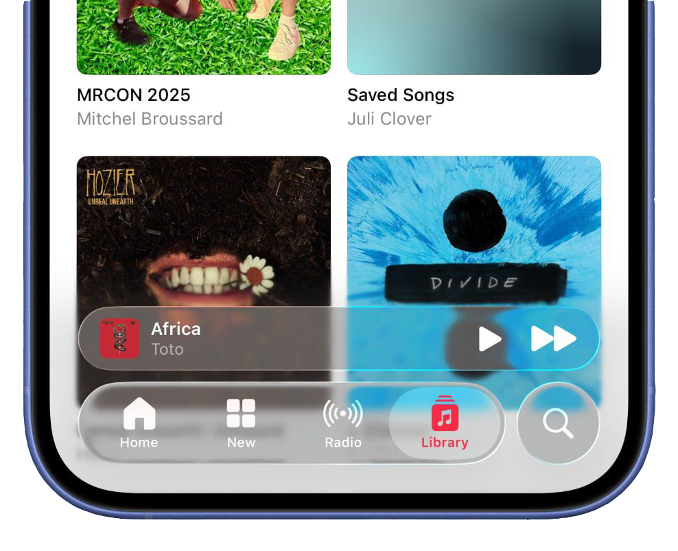 iPhone music app screenshot showing the 'Find Your Mood' section with colorful album covers in the background. The navigation bar at the bottom has a semi-transparent, blurred background with icons for Home, New, Radio, Library, and Search. A music player for 'Sunflowers' by The Lumineers is floating above the nav bar, blending with the background colors