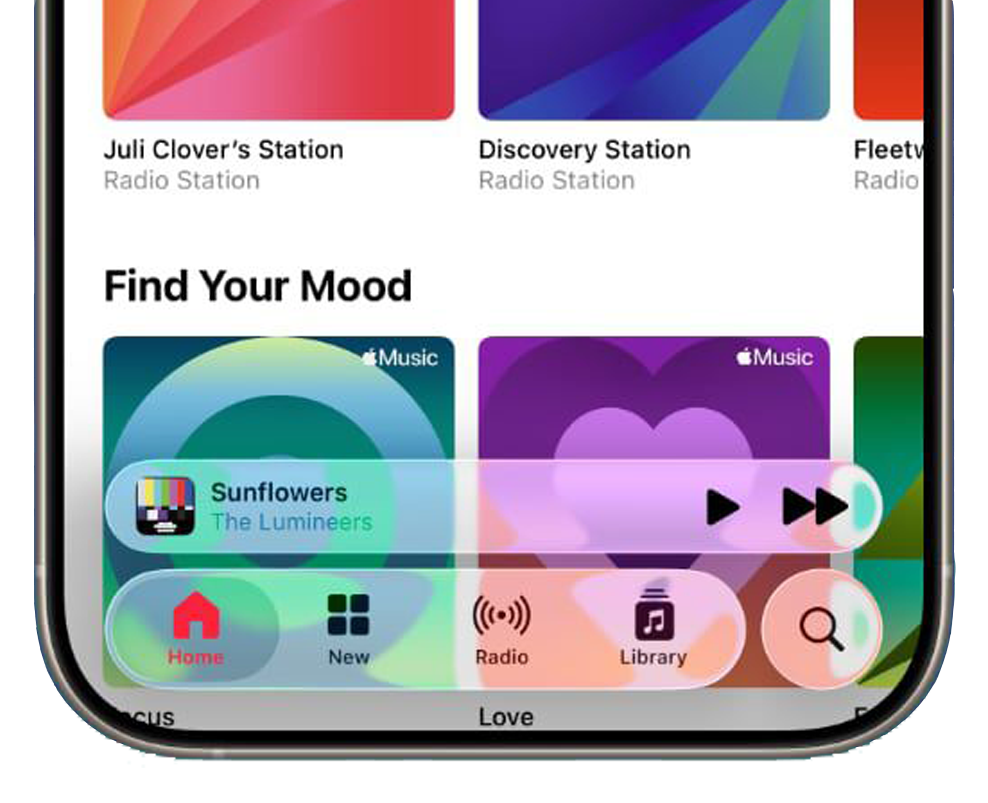 iPhone music app screenshot showing saved playlists and albums with cover art visible in the background. The navigation bar at the bottom is semi-transparent with a gray tint, containing icons for Home, New, Radio, Library, and Search. A music player for 'Africa' by Toto is displayed just above the nav bar with a blurred, frosted-glass effect blending into the album art.