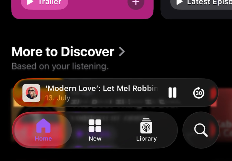  Apple Podcasts app in dark mode, where the active "Home" tab blends in with the background, lacking contrast.