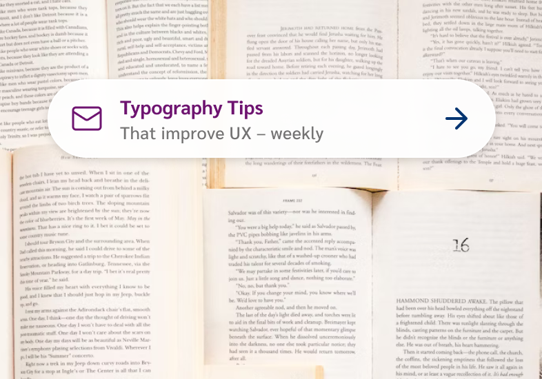 Typography tips banner over an open-book background where contrast is optimized; the text stands out sharply with a cleaner, bolder style and enhanced readability inside the white bubble.