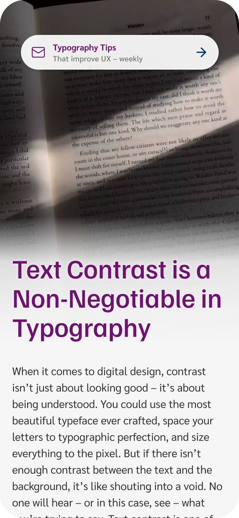 Digital design article preview with poor text contrast. The background image of a book transitions abruptly into a bright white gradient foreground, making the text readability issue visually obvious.