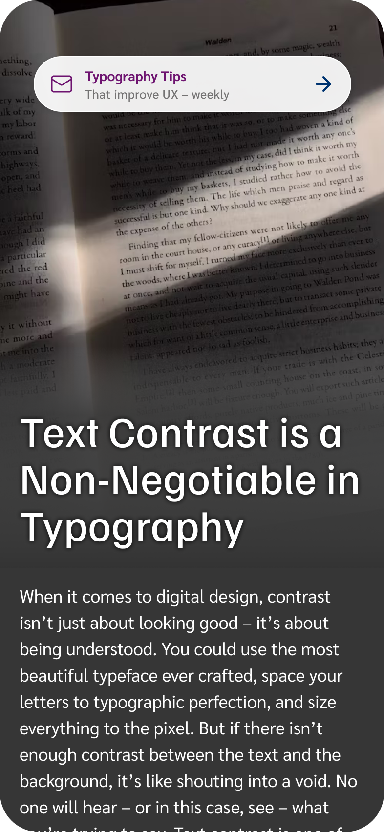 Digital design article preview in a custom dark mode style. The background blends smoothly with the foreground, creating better text contrast and improved readability compared to the light version.