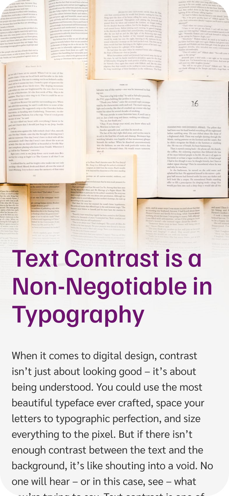 Digital design article with the headline 'Text Contrast is a Non-Negotiable in Typography' placed over a busy background of open books, but this time with improved contrast, making the dark purple text stand out clearly against the lighter, softened background."