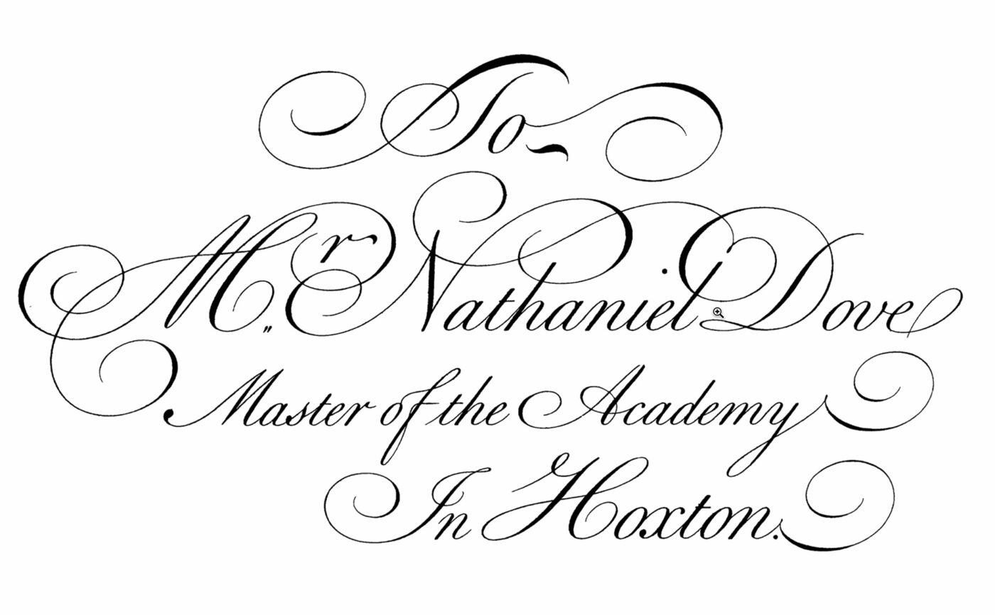 A flourishing handwritten roundhand script showing ’To Mr. Nathaniel Dove Master of The Academy in Hoxton’