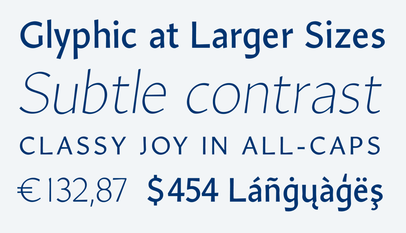Glyphic at Larger Sizes, Subtle contrast, Classy Joy in All-Caps, 454 Láñġųàģëş