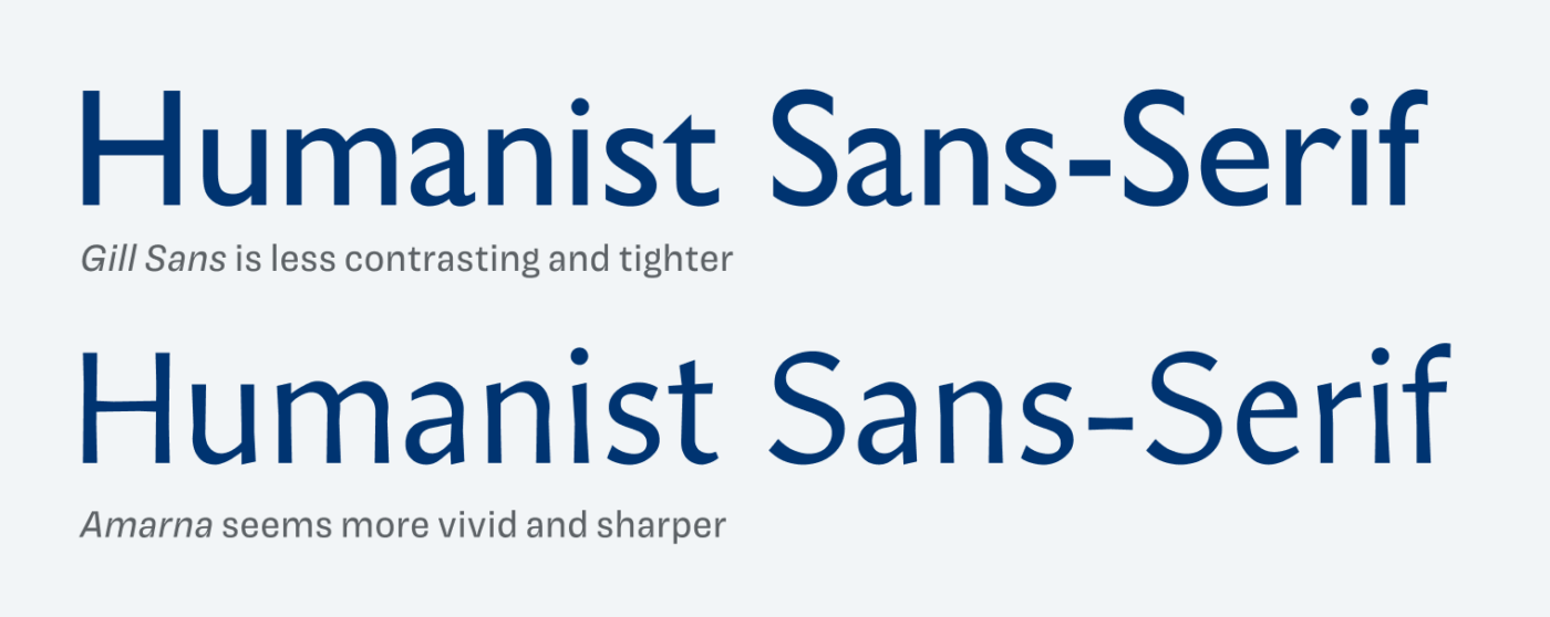 Gill Sans is less contrasting and tighter, Amarna seems more vivid and sharper.