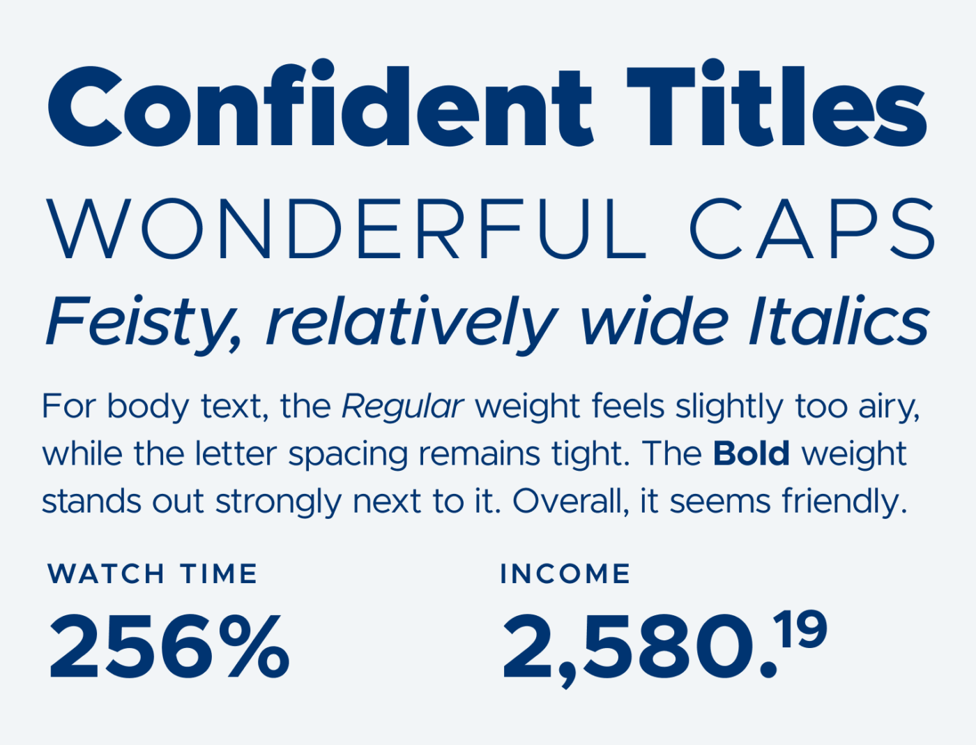 Confident Titles
Worderful caps,
Feisty, relatively wide Italics.
For body text, the Regular weight feels slightly too airy, while the letter spacing remains tight. The Bold weight stands out strongly next to it. Overall, it seems friendly.