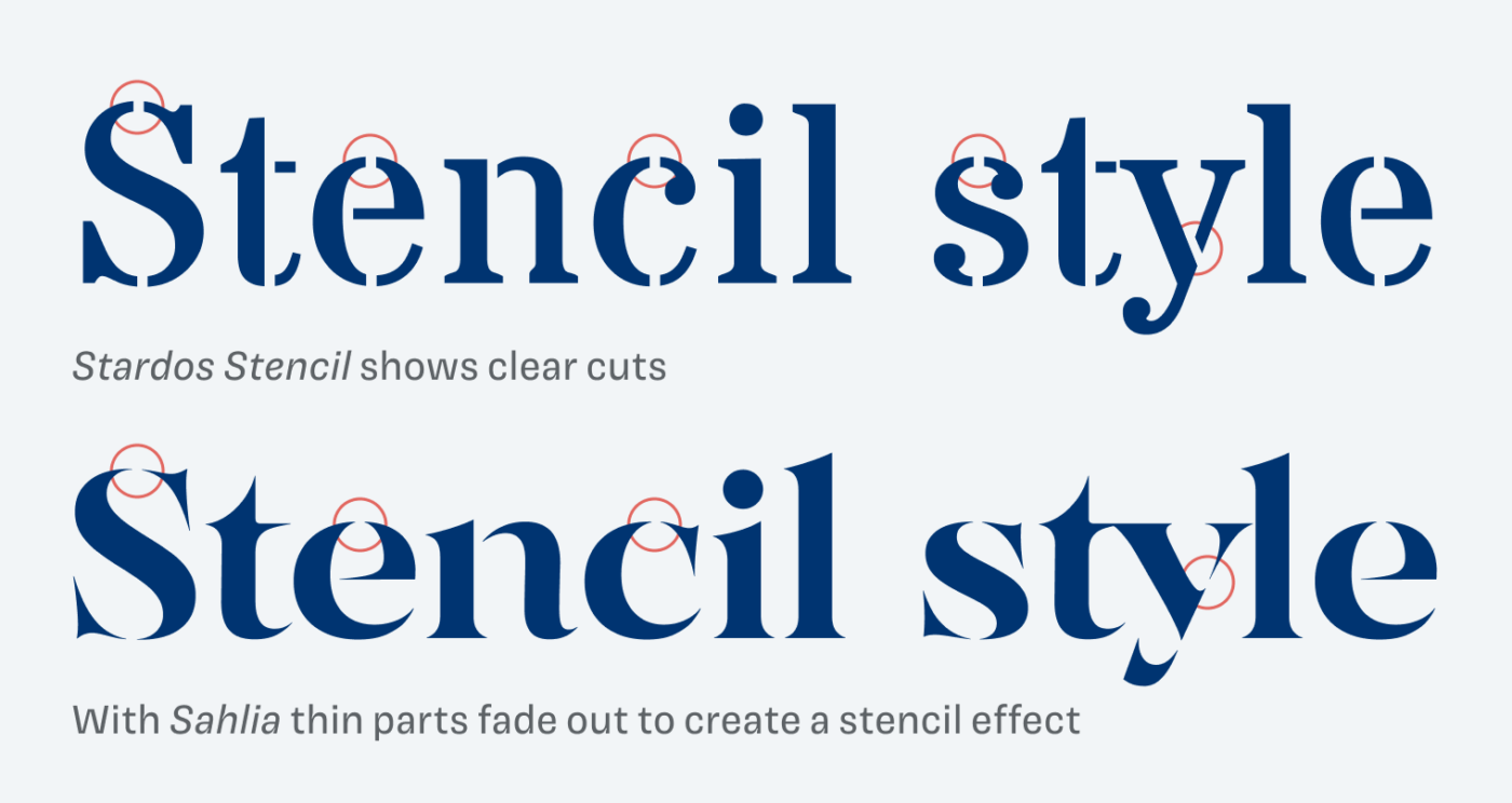 Stardos Stencil shows clear cuts, With Sahlia thin parts fade out to create a stencil effect.