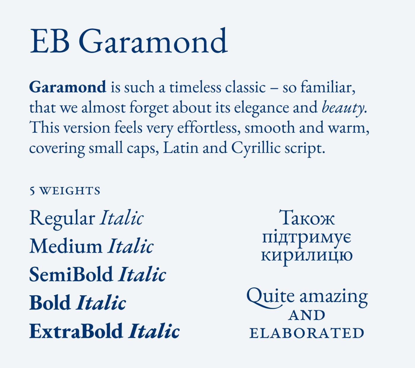 Type specimen of EB Garamond. Text: “Garamond is such a timeless classic – so familiar, that we almost forget about its elegance and beauty. This version feels very effortless, smooth and warm, covering small caps, Latin and Cyrillic script.” 5 weights: Regular, Medium, SemiBold, Bold and ExtraBold with matching italics. A Ukrainian sample reads “Також підтримує кирилицю” (“Also supports Cyrillic”), followed by “Quite amazing” with a swash Q whose tail sweeps under the next letters, and “and elaborated” in small caps.