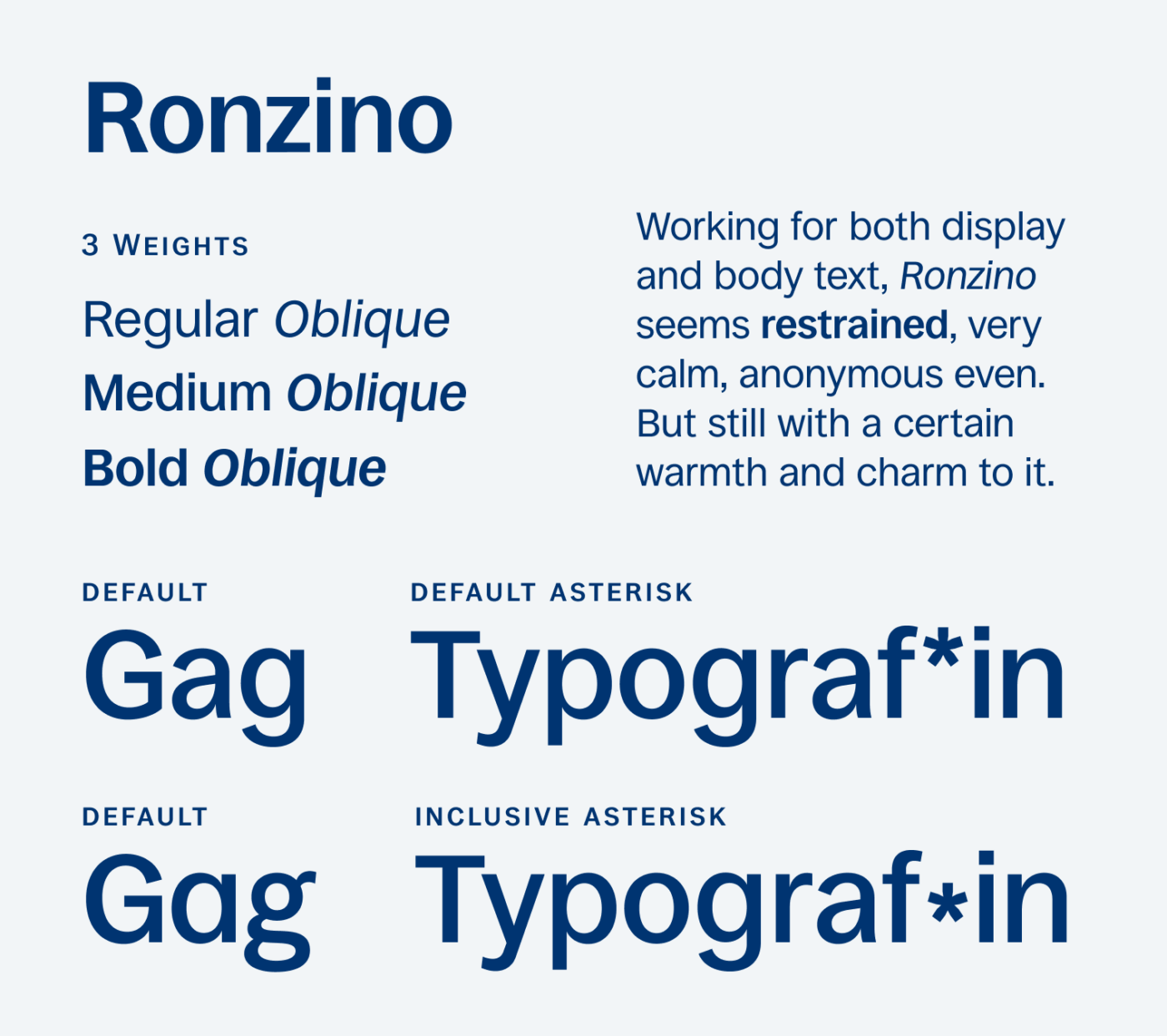 Type specimen of Ronzino. 3 weights: Regular, Medium and Bold with matching obliques. Text: “Working for both display and body text, Ronzino seems restrained, very calm, anonymous even. But still with a certain warmth and charm to it.” Alternate glyphs: “Gag” with the default double-storey a, and again with a single-storey a; “Typograf*in” with the default raised asterisk, and again with an inclusive asterisk sitting at x-height.